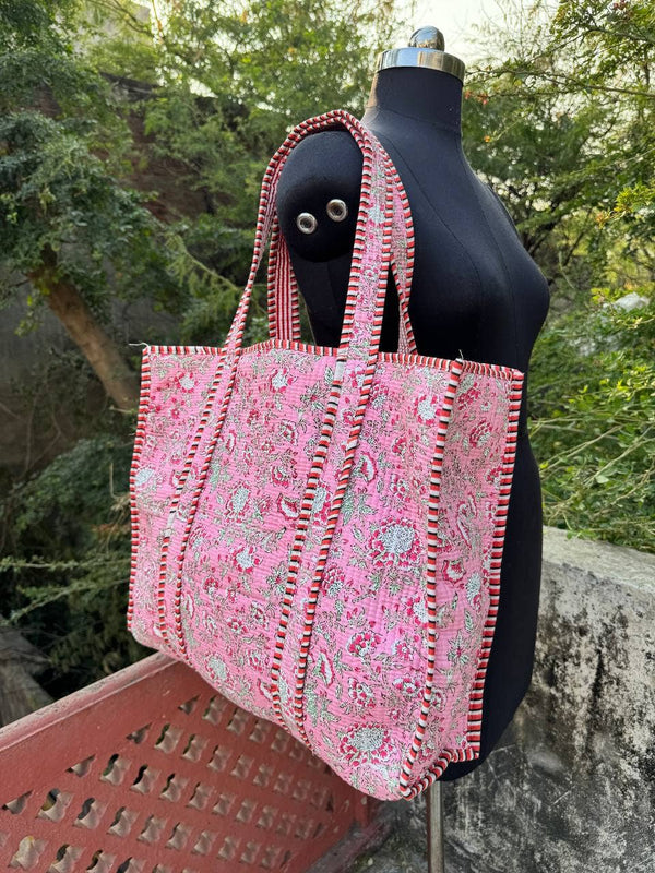 Tote Bag Pink Cotton Block Printed Bag Quilted Shoulder Bags