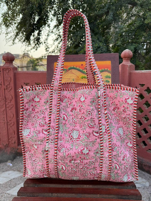 Tote Bag Pink Cotton Block Printed Bag Quilted Shoulder Bags