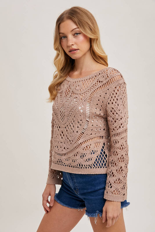 Sheer Boat Neck Crochet Top With No Lining