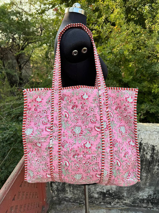 Tote Bag Pink Cotton Block Printed Bag Quilted Shoulder Bags