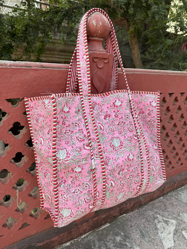 Tote Bag Pink Cotton Block Printed Bag Quilted Shoulder Bags