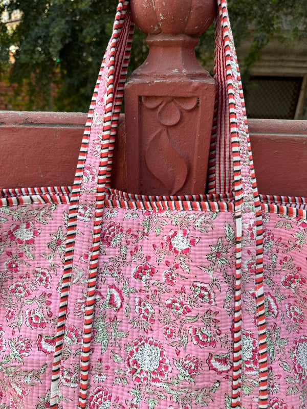 Tote Bag Pink Cotton Block Printed Bag Quilted Shoulder Bags