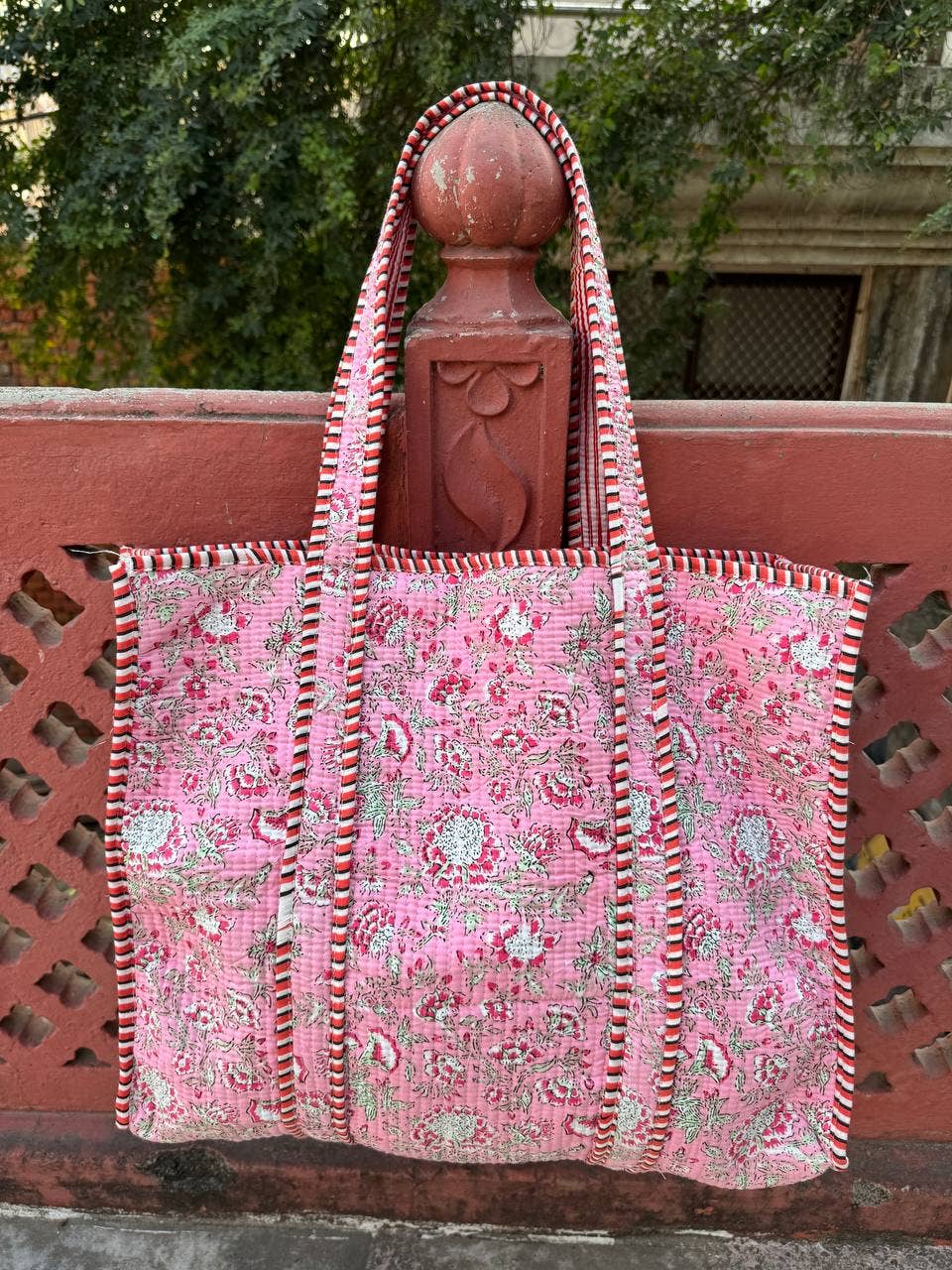 Tote Bag Pink Cotton Block Printed Bag Quilted Shoulder Bags