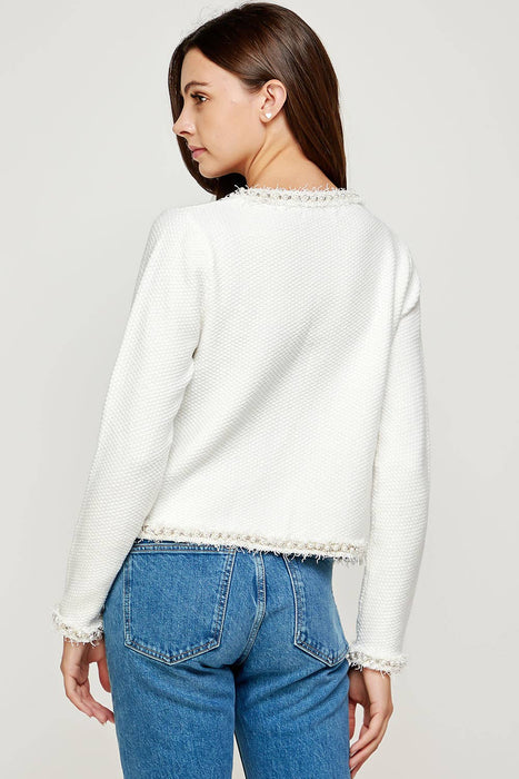 Josette Frayed Pearl Detail Textured Knit Sweater