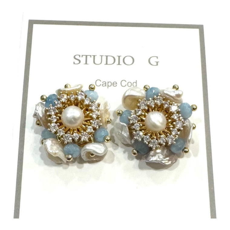 #1326 Cluster Keshi Blue Stone Earring
