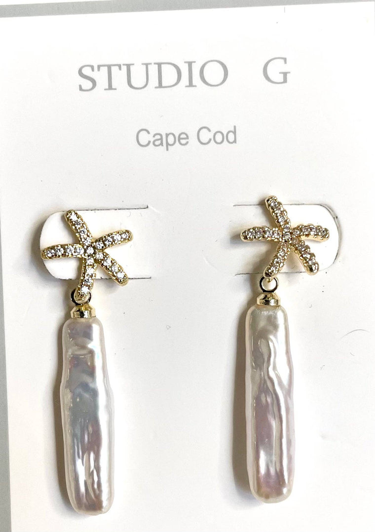 #1192-CZ Starfish and Biwa Pearl Earring