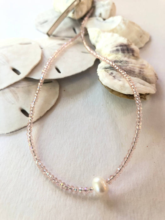 #114-Small Crystal Beaded Necklace with Pearl Center