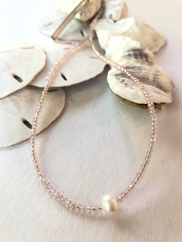 #114-Small Crystal Beaded Necklace with Pearl Center