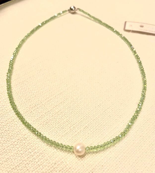 #114-Small Crystal Beaded Necklace with Pearl Center