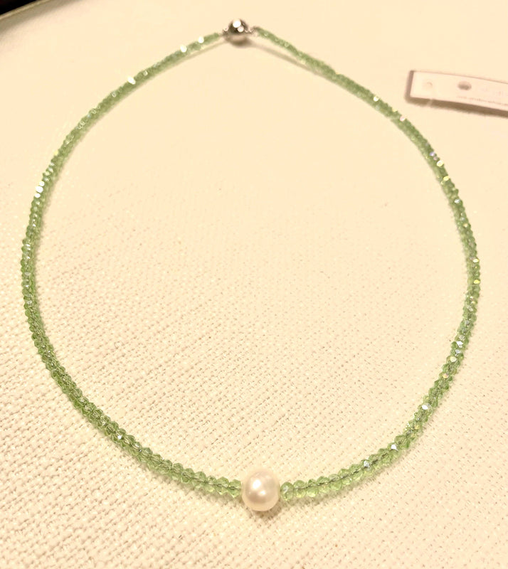 #114-Small Crystal Beaded Necklace with Pearl Center