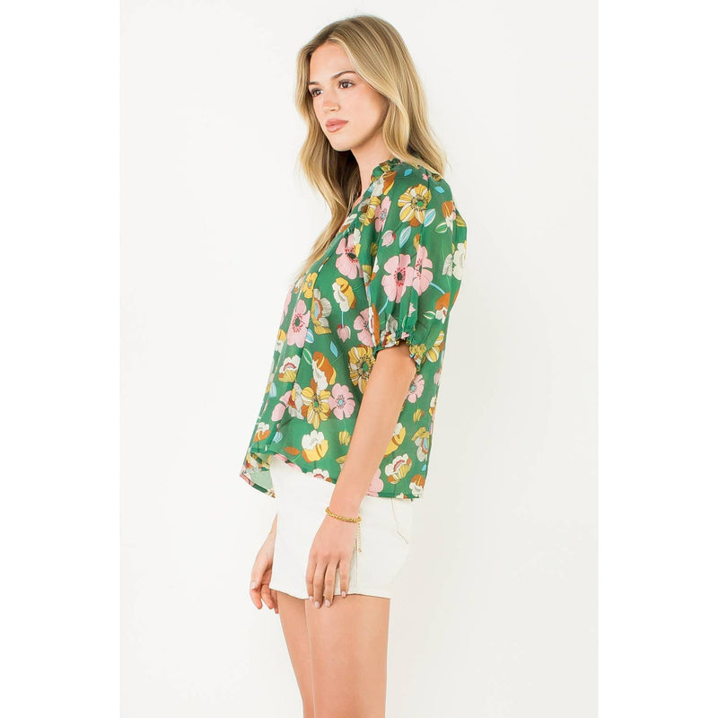 Floral Shirred Sleeve V-Neck Top