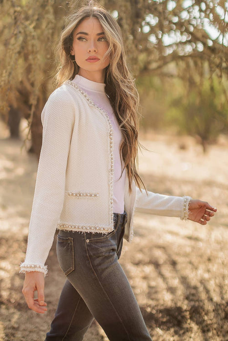 Josette Frayed Pearl Detail Textured Knit Sweater