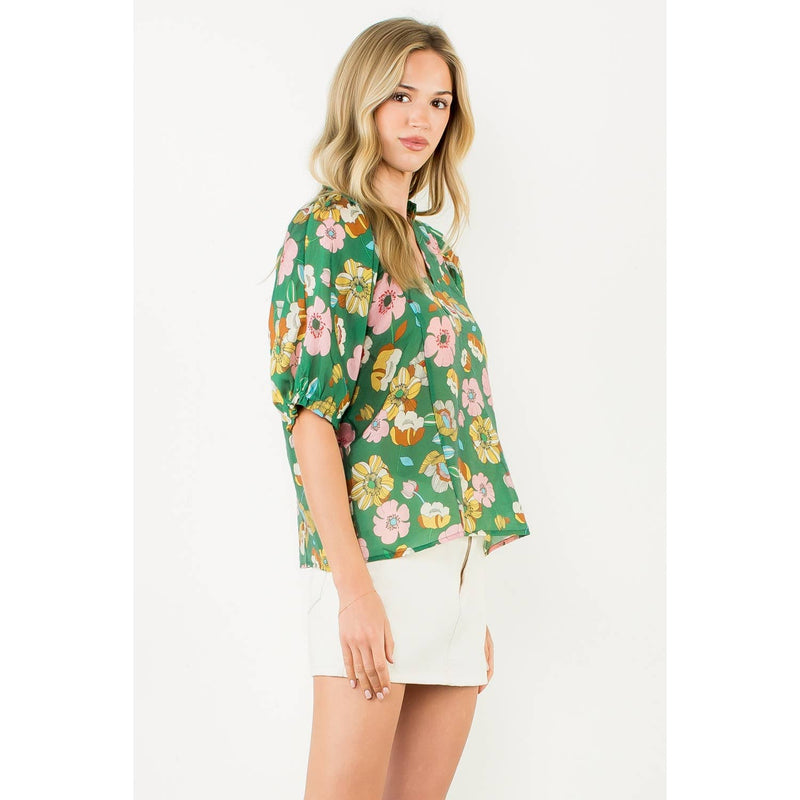 Floral Shirred Sleeve V-Neck Top
