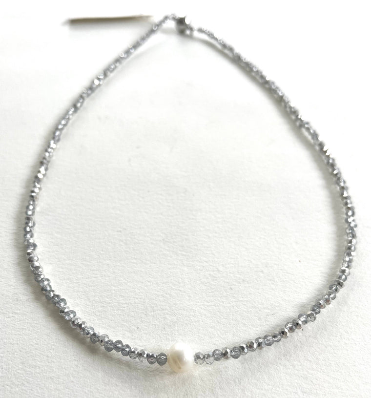 #114-Small Crystal Beaded Necklace with Pearl Center