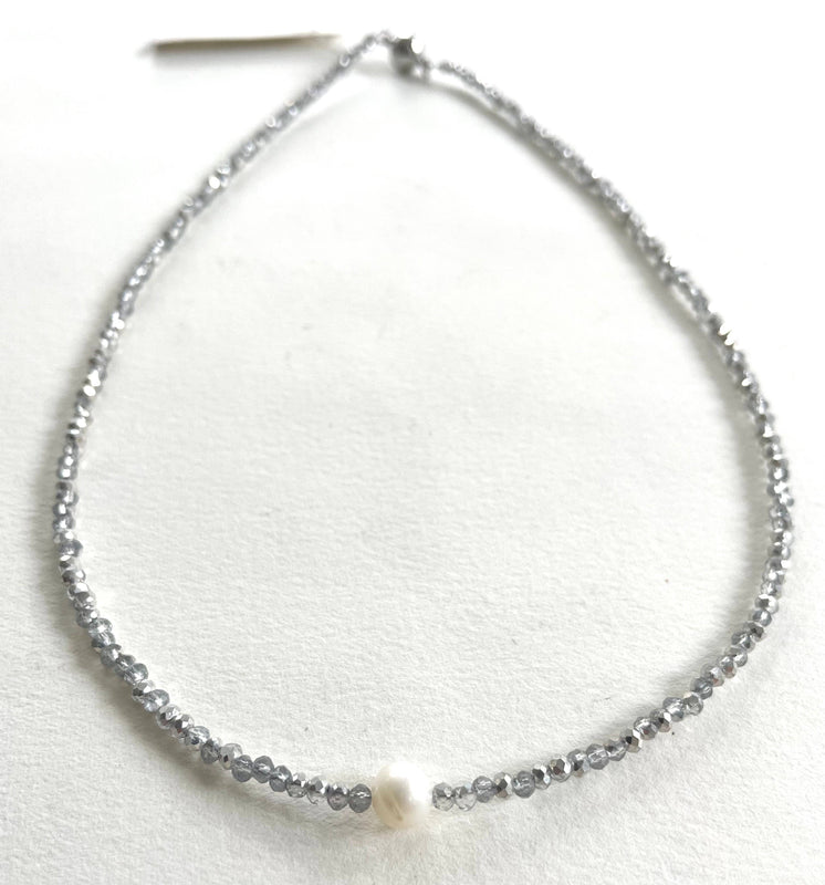 #114-Small Crystal Beaded Necklace with Pearl Center