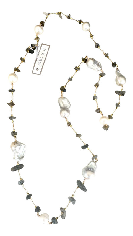 #1270 Mini Baroque with Natural Stone Chain Necklace