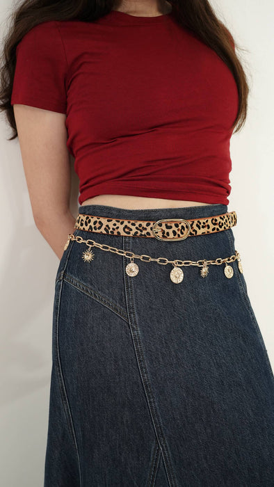 Leopard Print Calf Hair Genuine Leather Belt