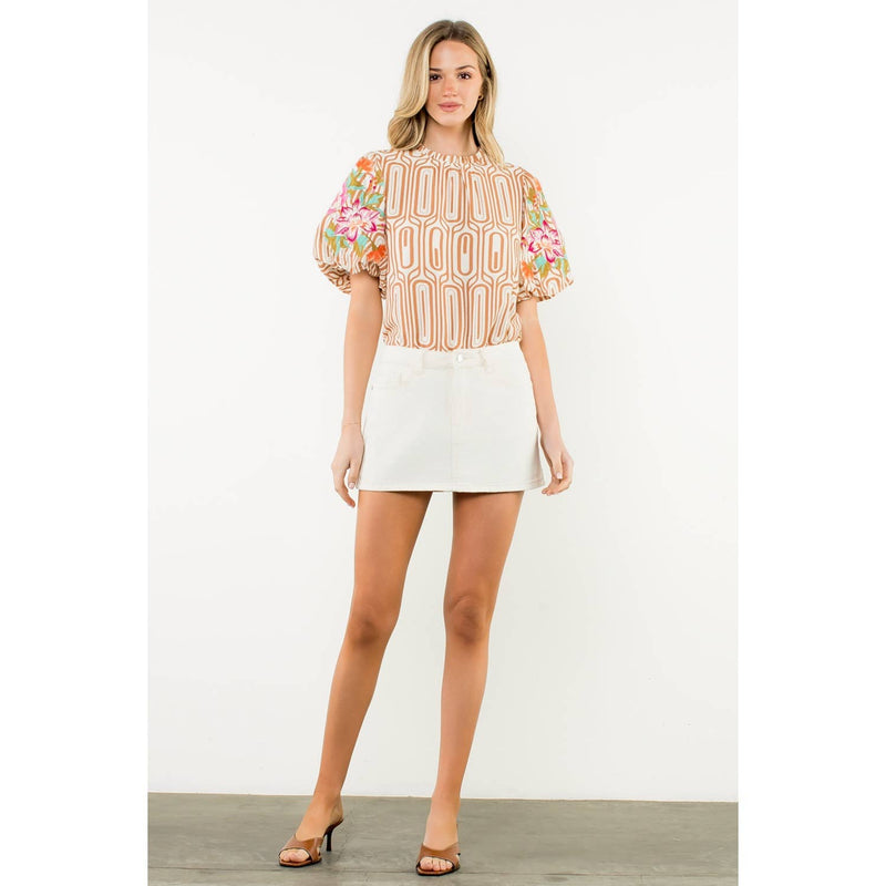 Flower Embroidered Puff Sleeve Print Top