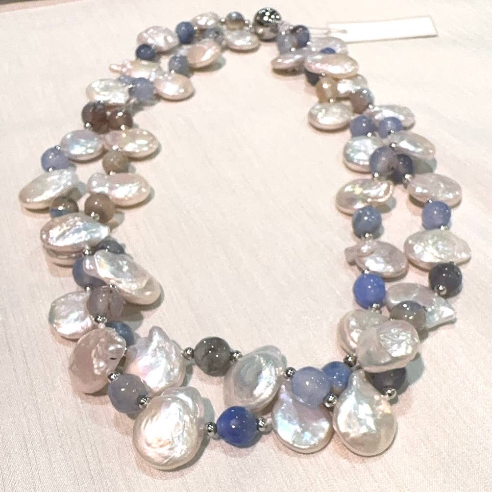 #1257-Blue-Two Strand Teardrop Pearl and Blue Agate Necklace