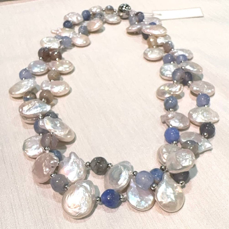 #1257-Blue-Two Strand Teardrop Pearl and Blue Agate Necklace