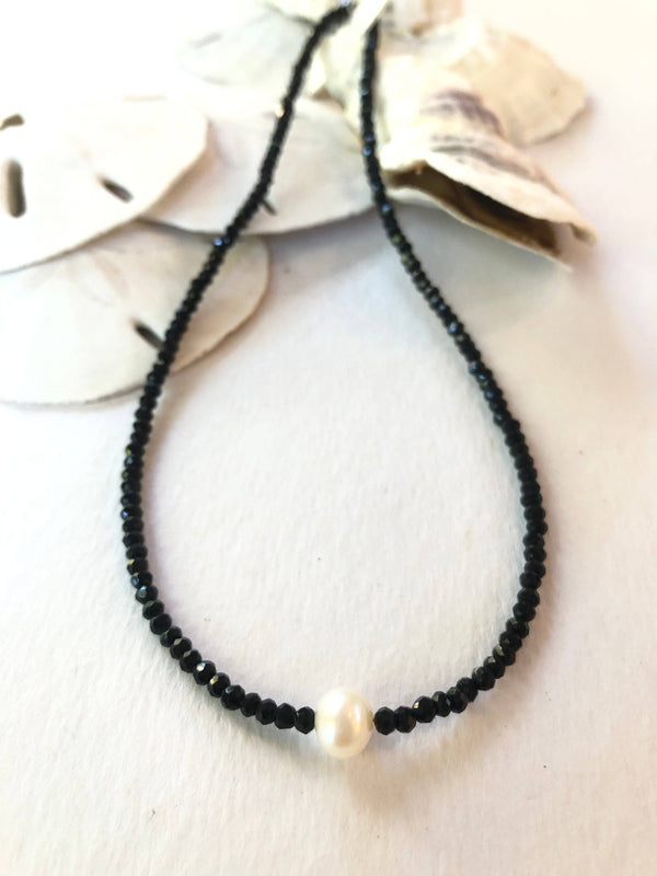 #114-Small Crystal Beaded Necklace with Pearl Center