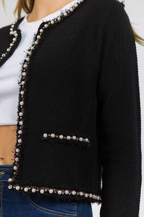 Josette Frayed Pearl Detail Textured Knit Sweater