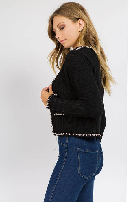 Josette Frayed Pearl Detail Textured Knit Sweater