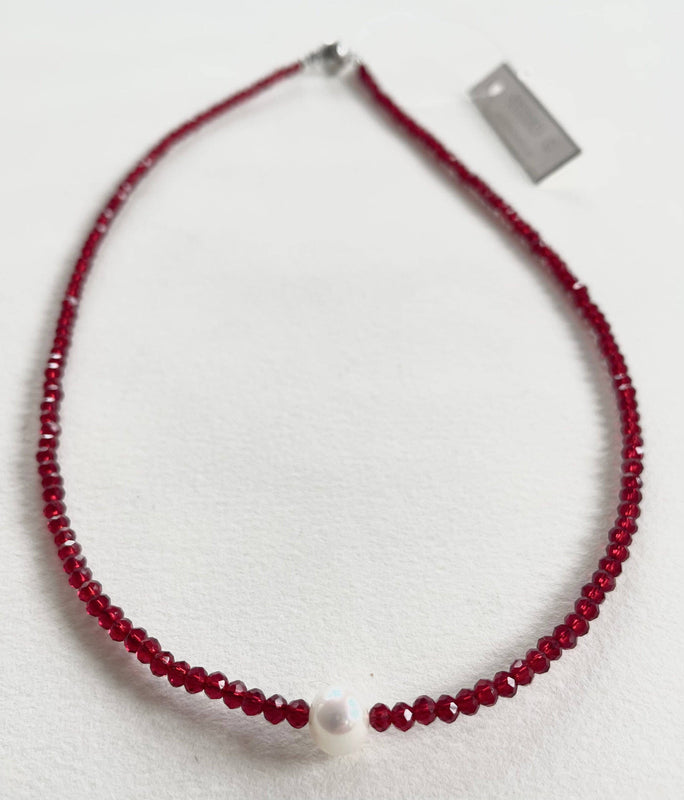 #114-Small Crystal Beaded Necklace with Pearl Center