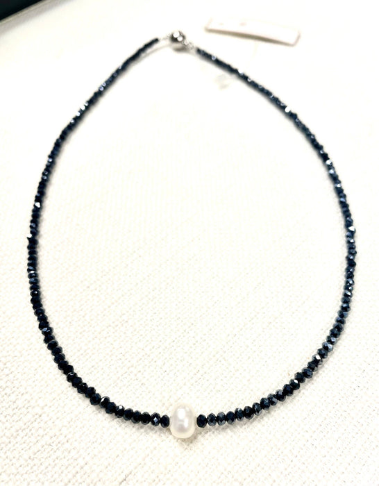 #114-Small Crystal Beaded Necklace with Pearl Center