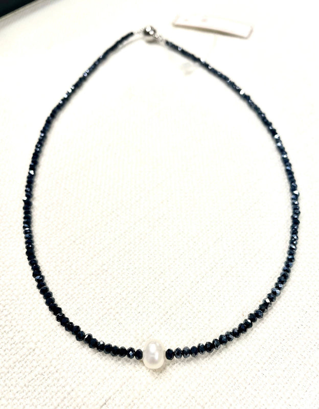 #114-Small Crystal Beaded Necklace with Pearl Center