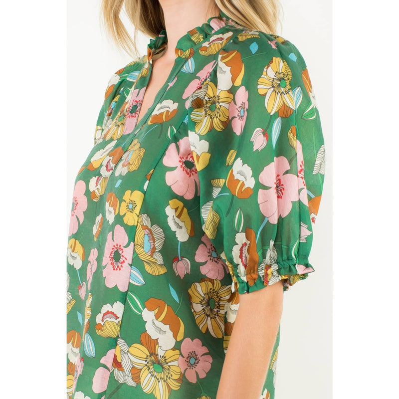 Floral Shirred Sleeve V-Neck Top