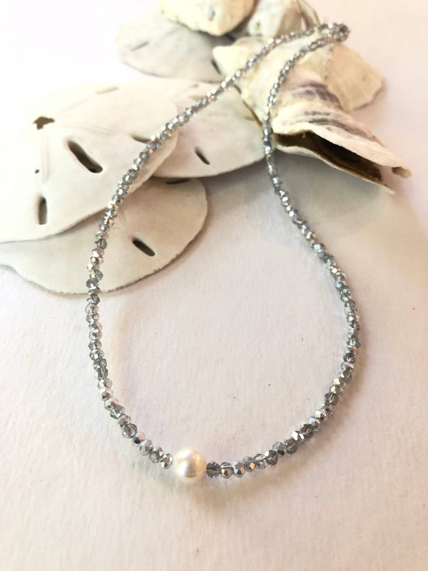 #114-Small Crystal Beaded Necklace with Pearl Center