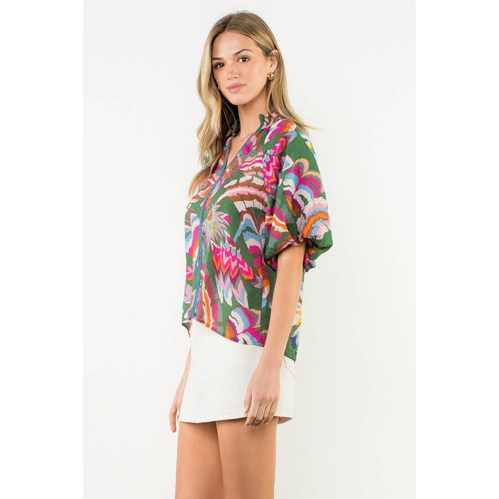 Puff Sleeve Print V-Neck Top