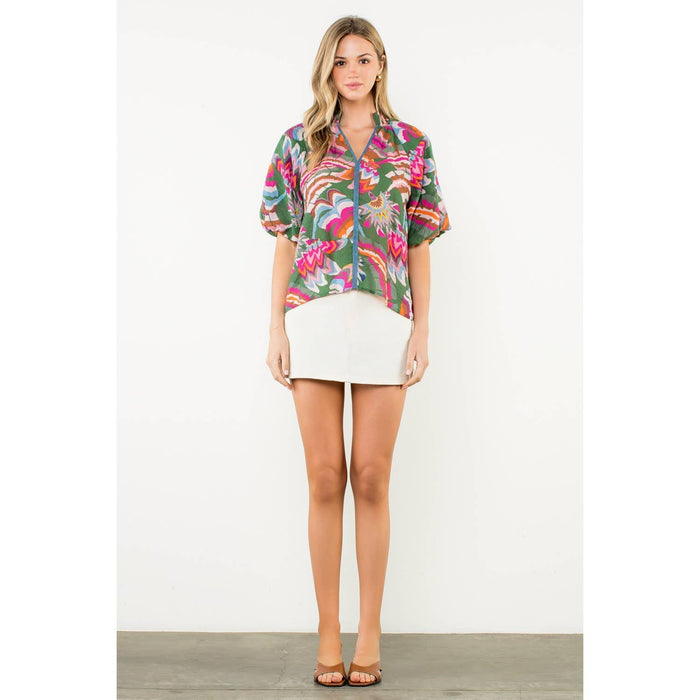 Puff Sleeve Print V-Neck Top