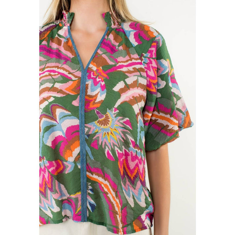 Puff Sleeve Print V-Neck Top