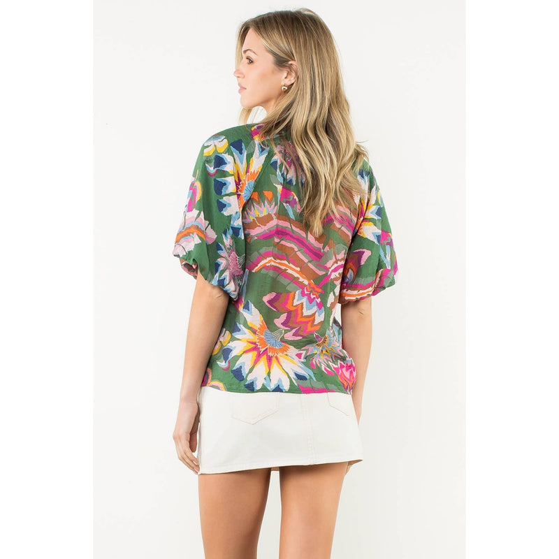 Puff Sleeve Print V-Neck Top
