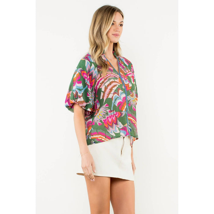 Puff Sleeve Print V-Neck Top