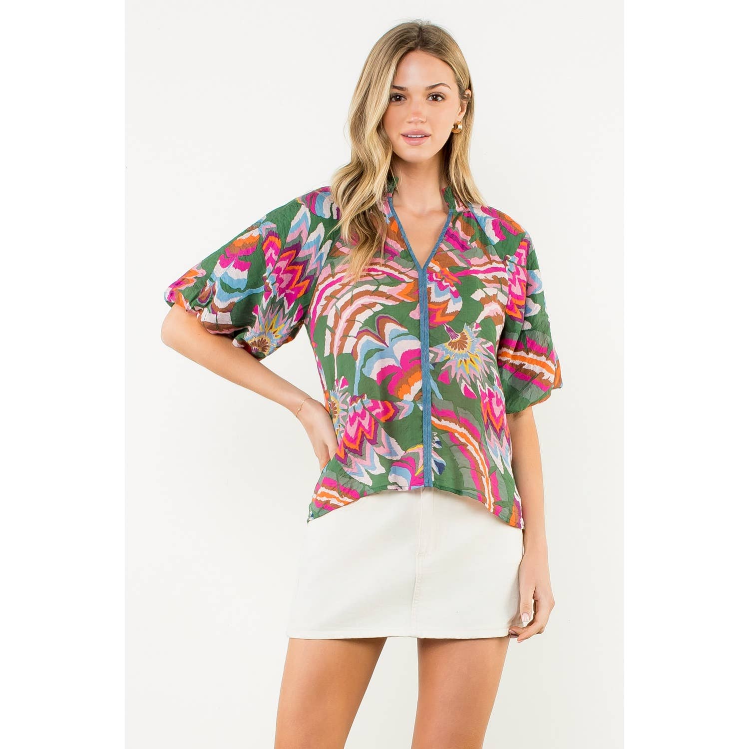 Puff Sleeve Print V-Neck Top