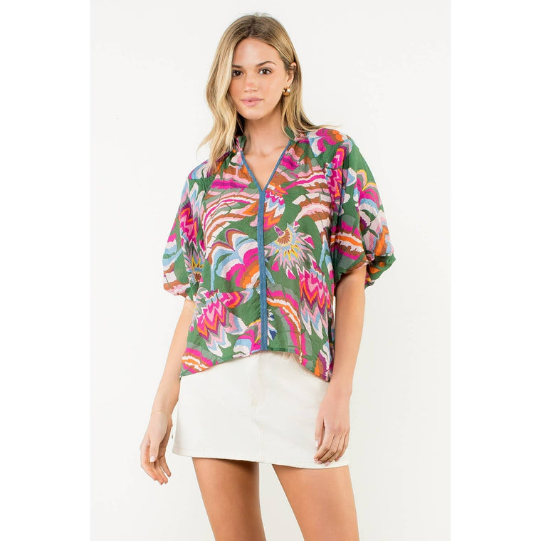 Puff Sleeve Print V-Neck Top