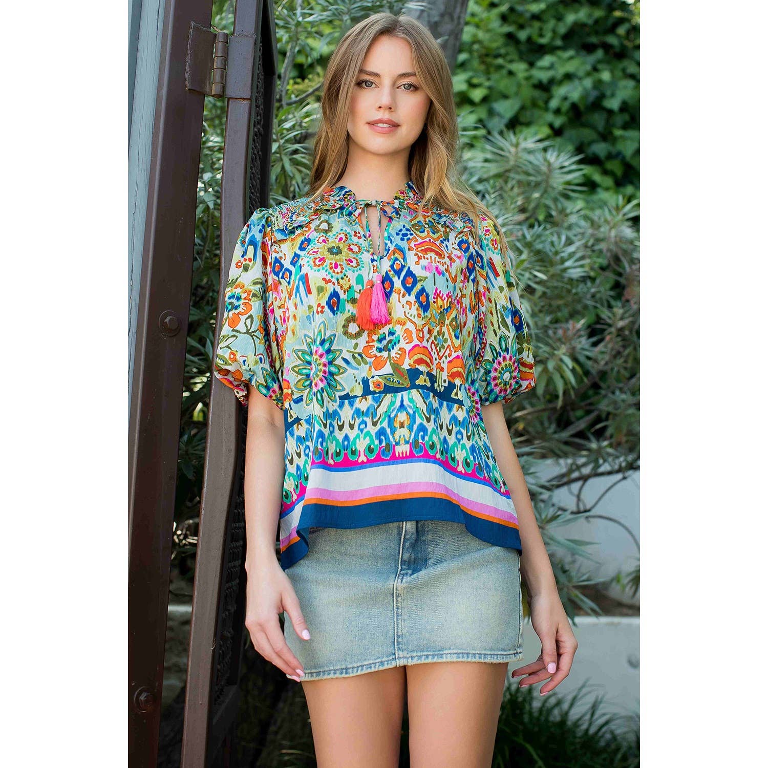 Smocked Shoulder Tassel Tie Print Top