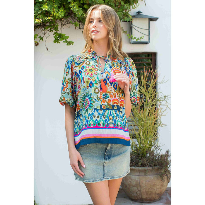 Smocked Shoulder Tassel Tie Print Top