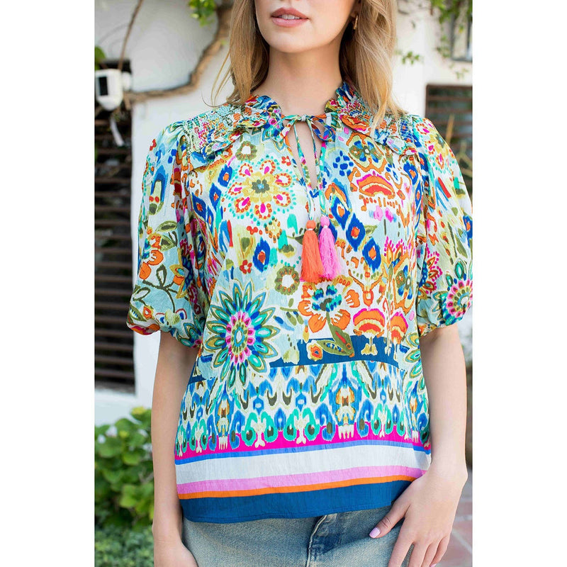Smocked Shoulder Tassel Tie Print Top