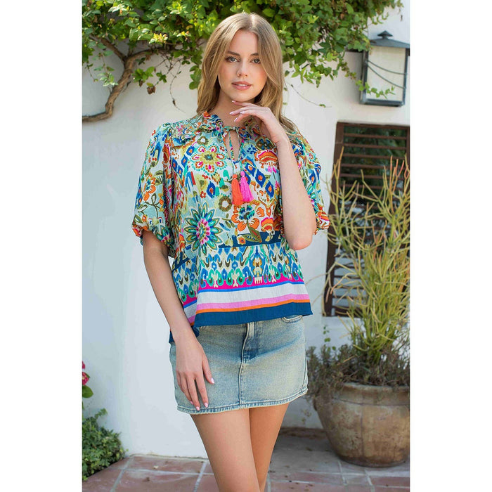 Smocked Shoulder Tassel Tie Print Top