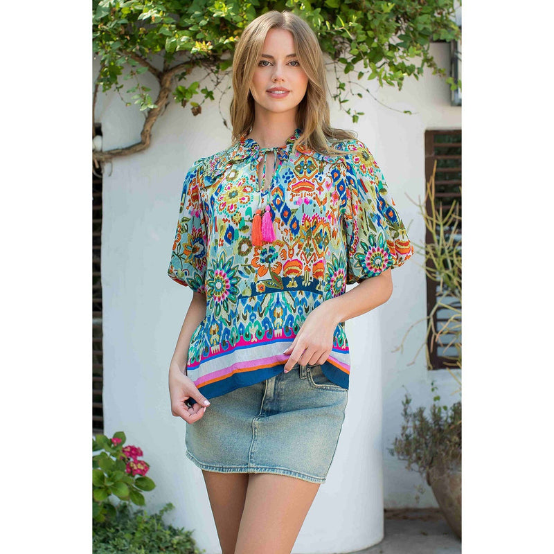 Smocked Shoulder Tassel Tie Print Top