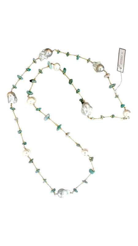 #1270 Mini Baroque with Natural Stone Chain Necklace