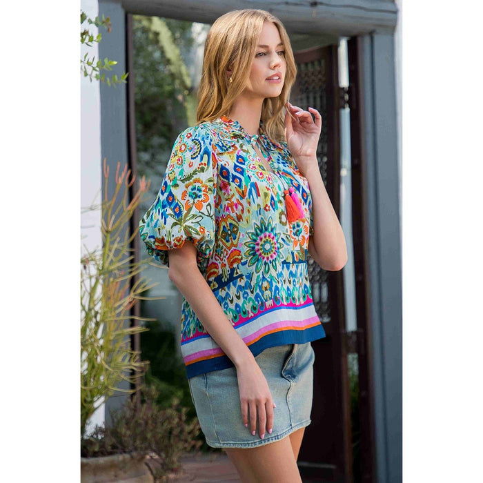 Smocked Shoulder Tassel Tie Print Top