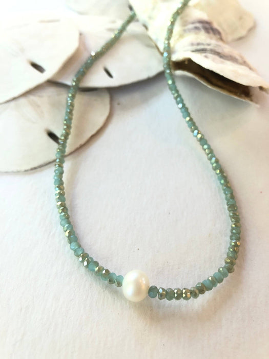#114-Small Crystal Beaded Necklace with Pearl Center