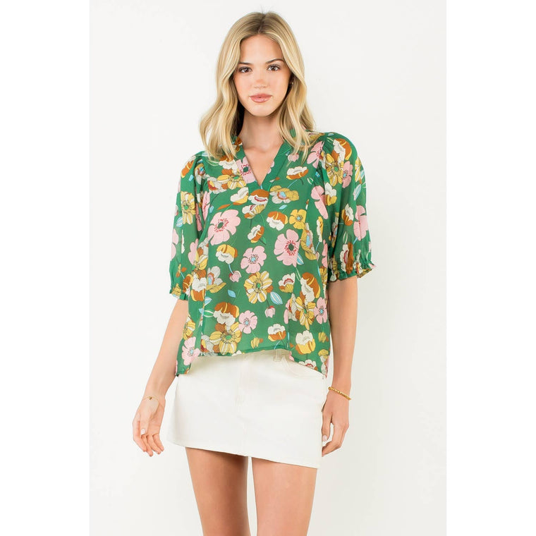 Floral Shirred Sleeve V-Neck Top