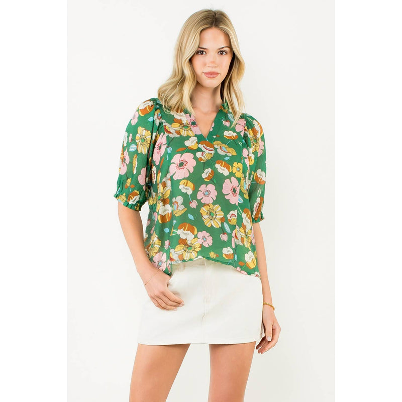Floral Shirred Sleeve V-Neck Top