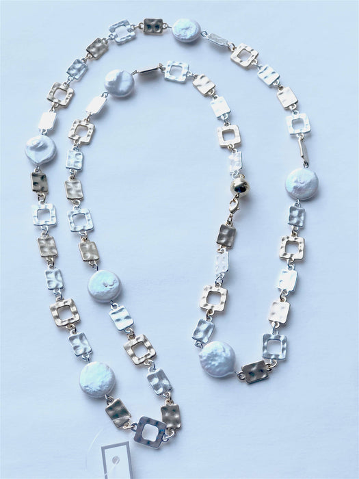 Geometric Gold/ Silver with Coin Pearl Long Necklace